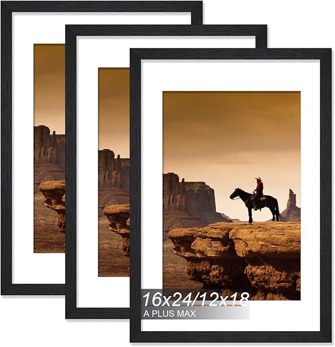 16x24 Picture Frame Set of 3, Engineered Wood Frame Display Photo 12 x 18 with Mat or 16 x 24 without Mat, 16by24 Frame with Black Wood Grain for Wall - 3 Pack Black 16 x24