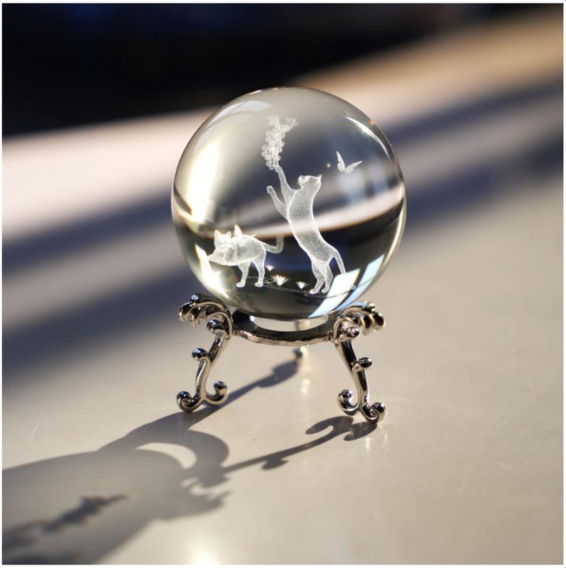 Cat Crystal Ball with Stand 60mm 3D Engraved Decorative Glass Sphere Paperweight(Clear)