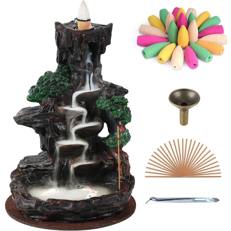 Incense Burner, Backflow Incense Holder 2 sides Waterfall Incense Burnier with 120 Backflow Incense Cones, 30 Incense Sticks, Aromatcherapy Ornamen for home