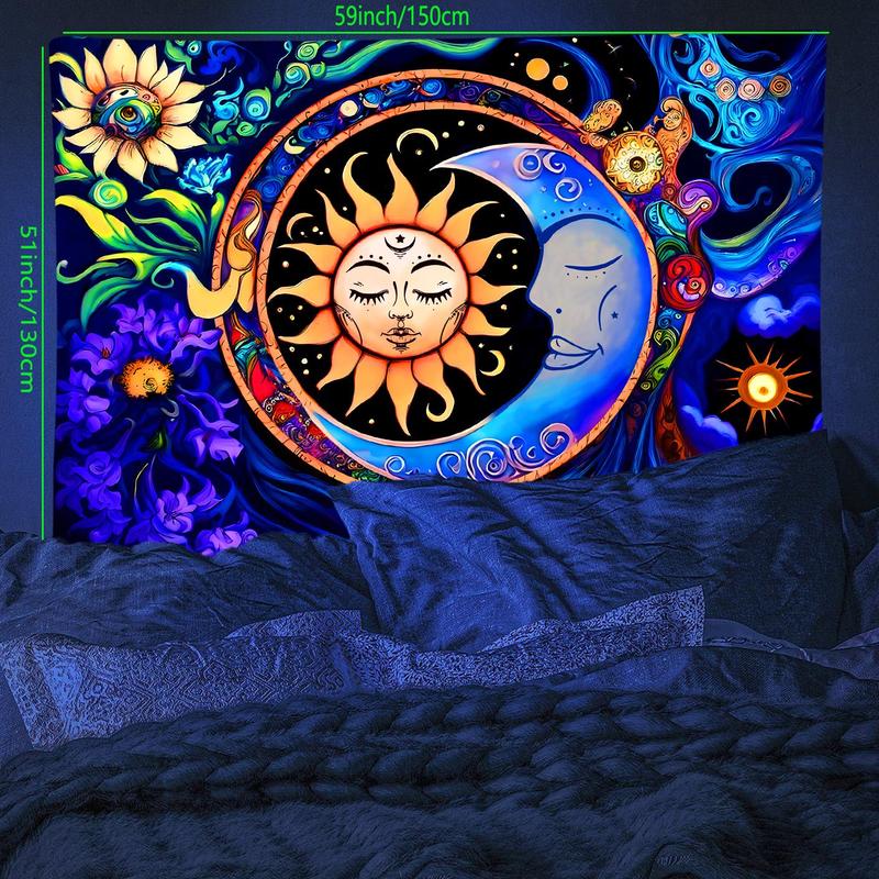 Sun & Moon Pattern UV Black Light Tapestry, Multi-size Boho Style Wall Hanging, Wall Art Decor for Home Living Room Bedroom Party