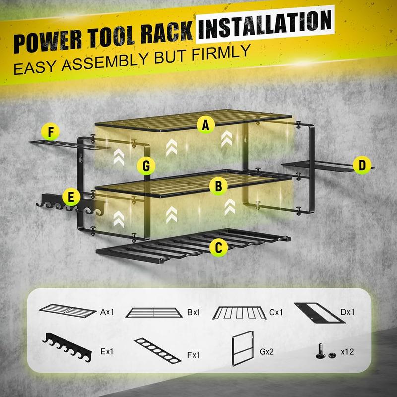 Power Tool Organizer Wall Mount - 150Lbs Load 3 Layers Storage Rack with 4 Drill Holders for Drills Cordless Tools