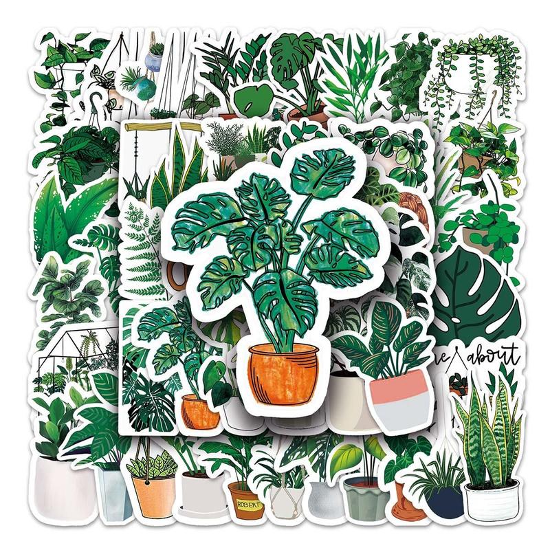 50pcs Set Cartoon Potted Plants Pattern Sticker, Waterproof Self Adhesive Decor Paper, Decor Sticker for Gift Greeting Card Water Bottle Laptop Phone, Christmas Gift