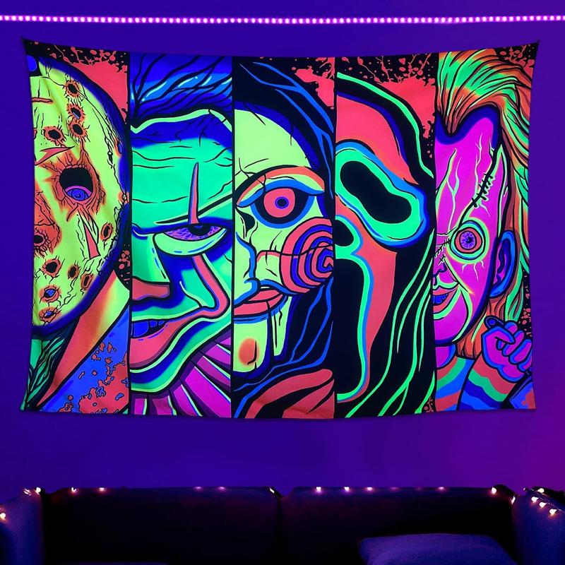 Black Light Art Halloween Wall Decor Trippy Blacklight Horror Face Tapestry, UV Reactive Tapestries Glow in The Dark Party Tapestry for Bedroom, Living Room (28