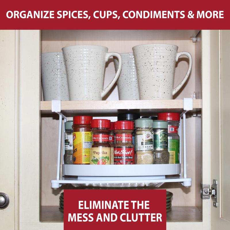 Shelf Go Round Rotating Shelf Organizer Maximizes Kitchen Cabinets. Adjustable Plastic Tray Pulls Out for Easy Access. Organize Spices, Plates, & Cups