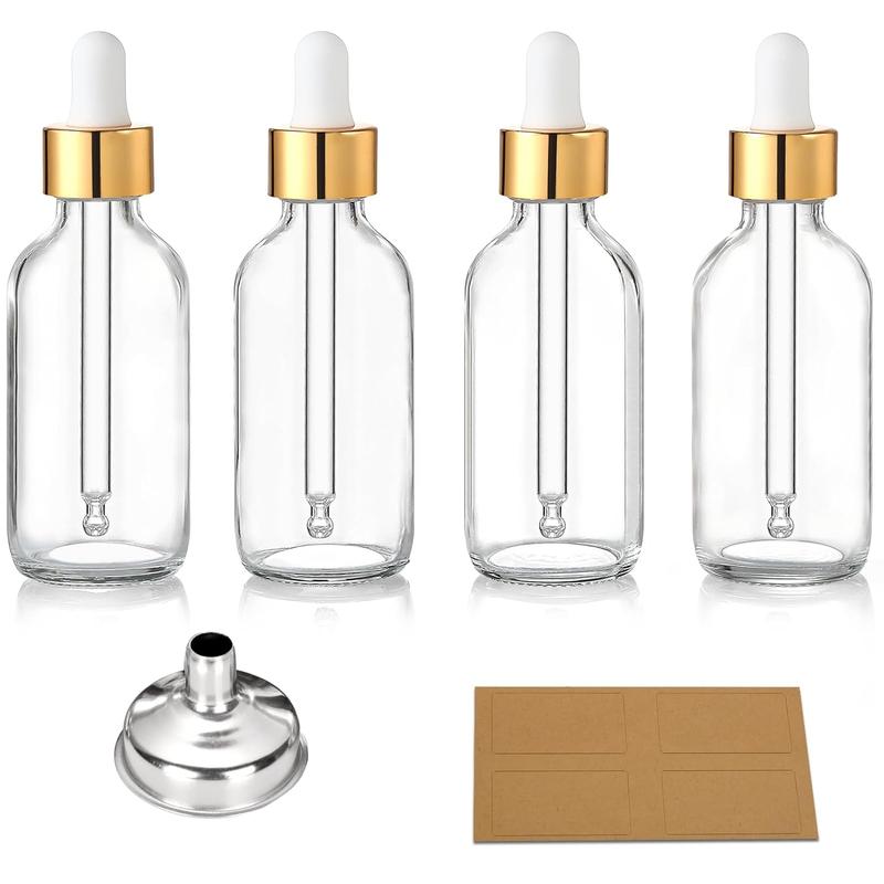 A set of 4, 2-ounce gold cap transparent drip bottles (60ml) with 1 funnel and 4 labels - essential oil glass stained bottles with eye drops - liquid leak proof travel bottles