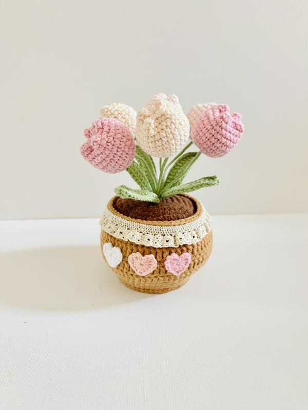 crochet potted plant+potted flowers+potted roses+potted tulips+home decoration+desk decoration+car decoaration+mother's day gift+pink+red+creative gift+unique gift+house warm