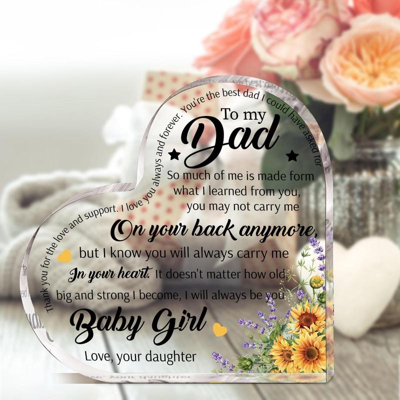 Heart Shaped Acrylic Plaque, 1 Count Delightful Letters & Flowers Pattern Desk Decoration for Dad, Birthday Christmas Gift