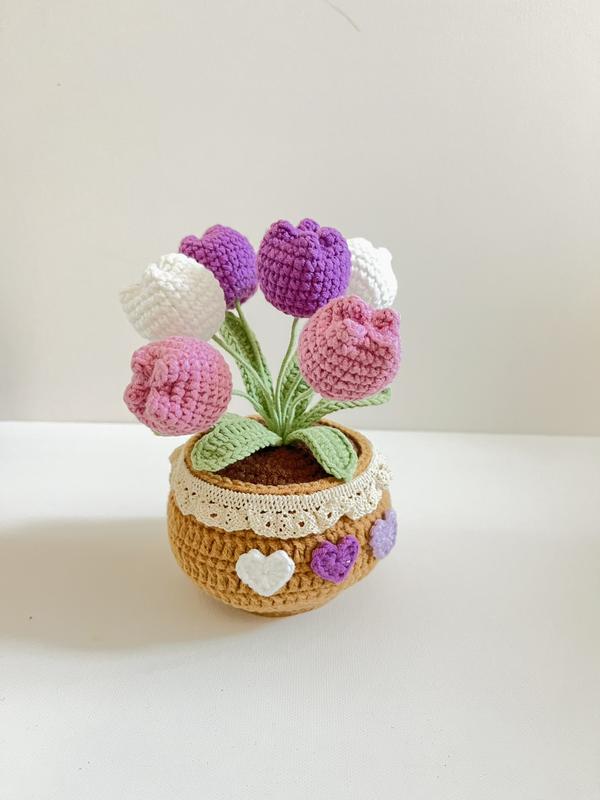 crochet potted plant+potted flowers+potted roses+potted tulips+home decoration+desk decoration+car decoaration+mother's day gift+pink+red+creative gift+unique gift+house warm