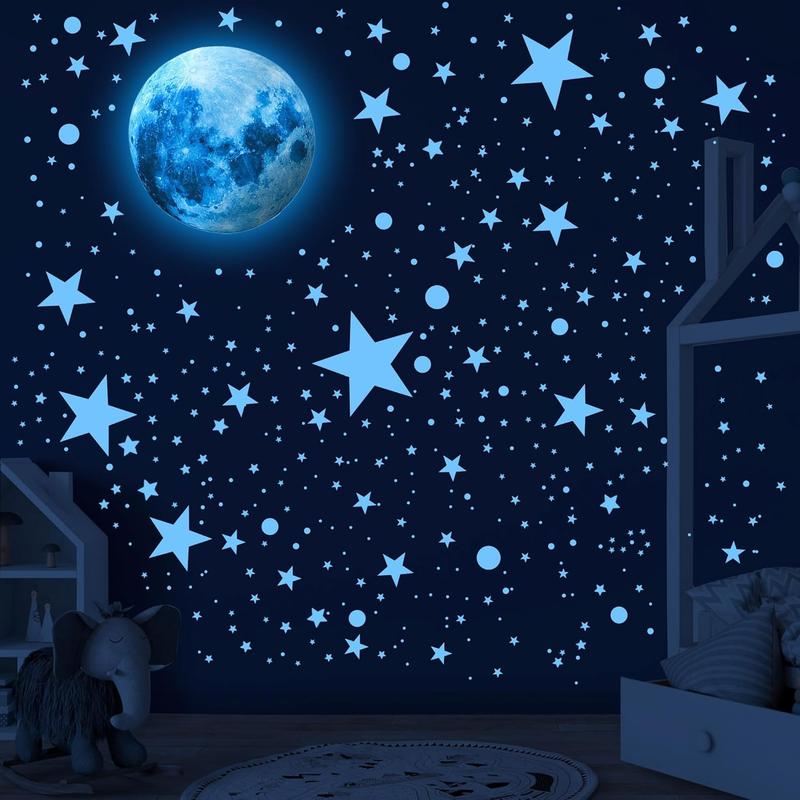 492 Glow in The Dark Stars Ceiling Stars Glow in The Dark Moon and Star Space Galaxy Universe Planet Wall Decals Blue Glowing Stars Stickers for Girls Bedroom Living Room Decor