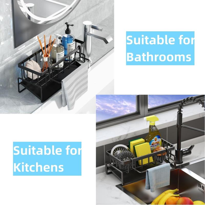 Stainless Steel Kitchen Sink Storage Rack, 1 Count Multifunctional Kitchen Countertop Storage Rack with Towel Holder, Kitchen Accessories