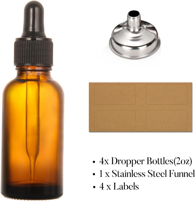 4 2 ounce leak proof essential oil bottles with 1 funnel and 4 labels - for essential oils, colognes, tinctures, cosmetics, perfume oils, beard oils, hair oils or other liquids.