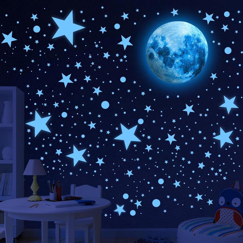 492 Glow in The Dark Stars Ceiling Stars Glow in The Dark Moon and Star Space Galaxy Universe Planet Wall Decals Blue Glowing Stars Stickers for Girls Bedroom Living Room Decor