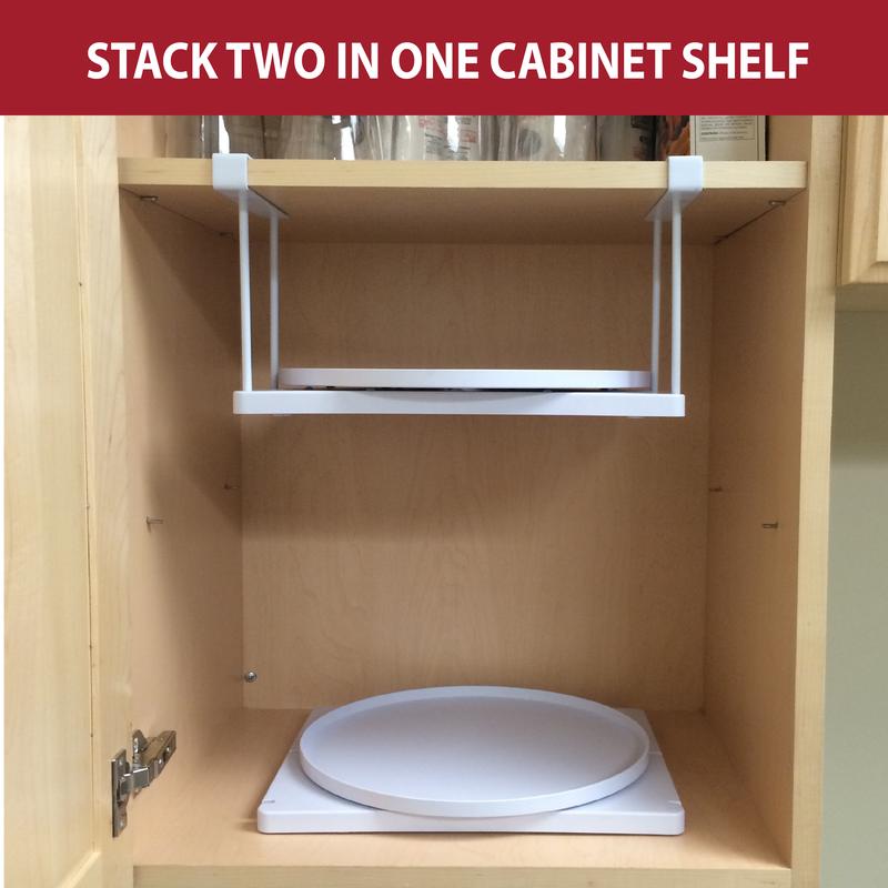 Shelf Go Round Rotating Shelf Organizer Maximizes Kitchen Cabinets. Adjustable Plastic Tray Pulls Out for Easy Access. Organize Spices, Plates, & Cups