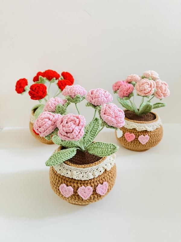 crochet potted plant+potted flowers+potted roses+potted tulips+home decoration+desk decoration+car decoaration+mother's day gift+pink+red+creative gift+unique gift+house warm