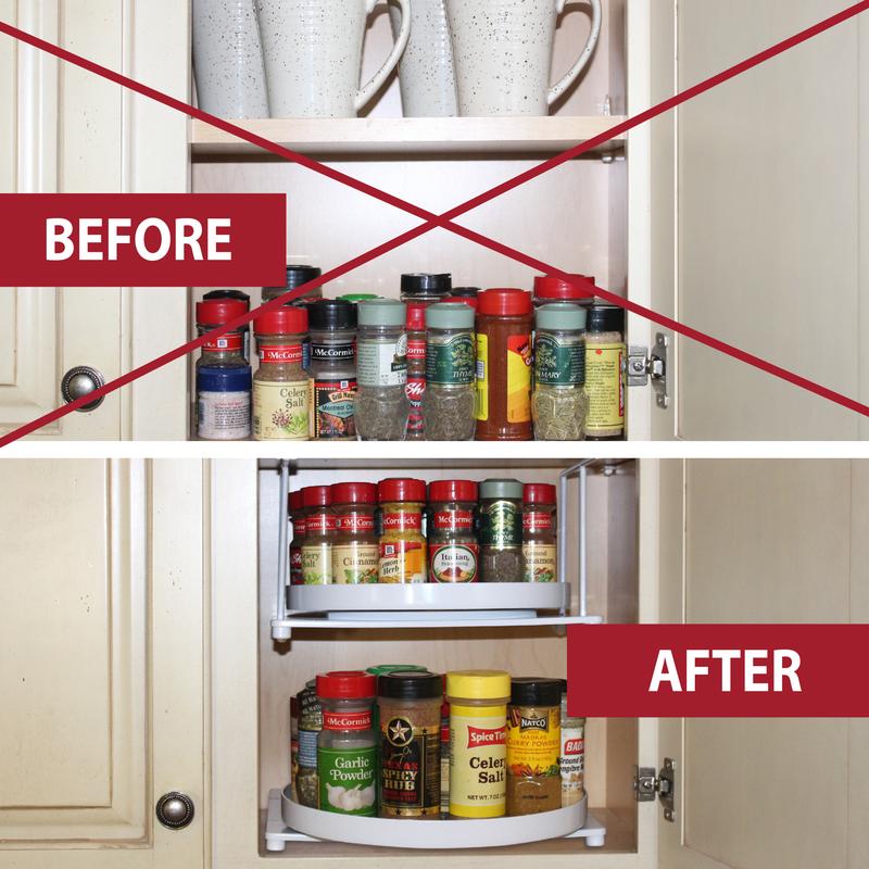 Shelf Go Round Rotating Shelf Organizer Maximizes Kitchen Cabinets. Adjustable Plastic Tray Pulls Out for Easy Access. Organize Spices, Plates, & Cups