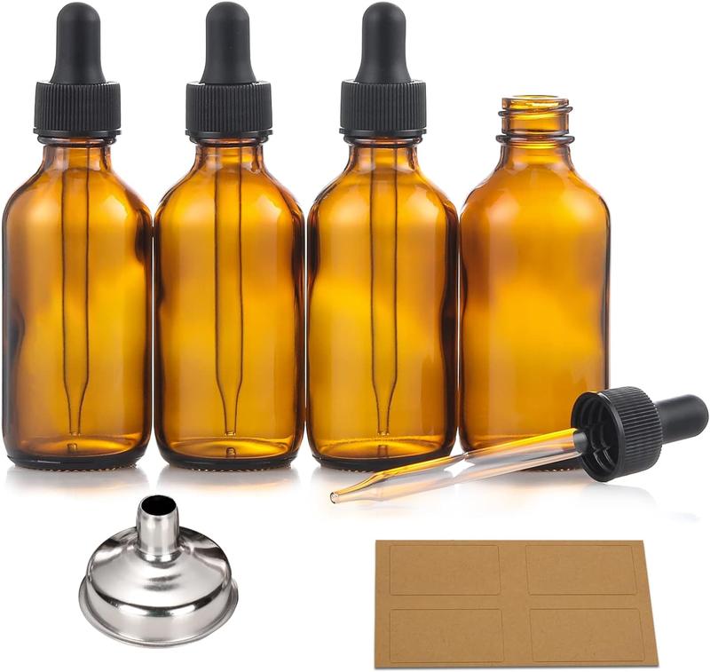 4 2 ounce leak proof essential oil bottles with 1 funnel and 4 labels - for essential oils, colognes, tinctures, cosmetics, perfume oils, beard oils, hair oils or other liquids.