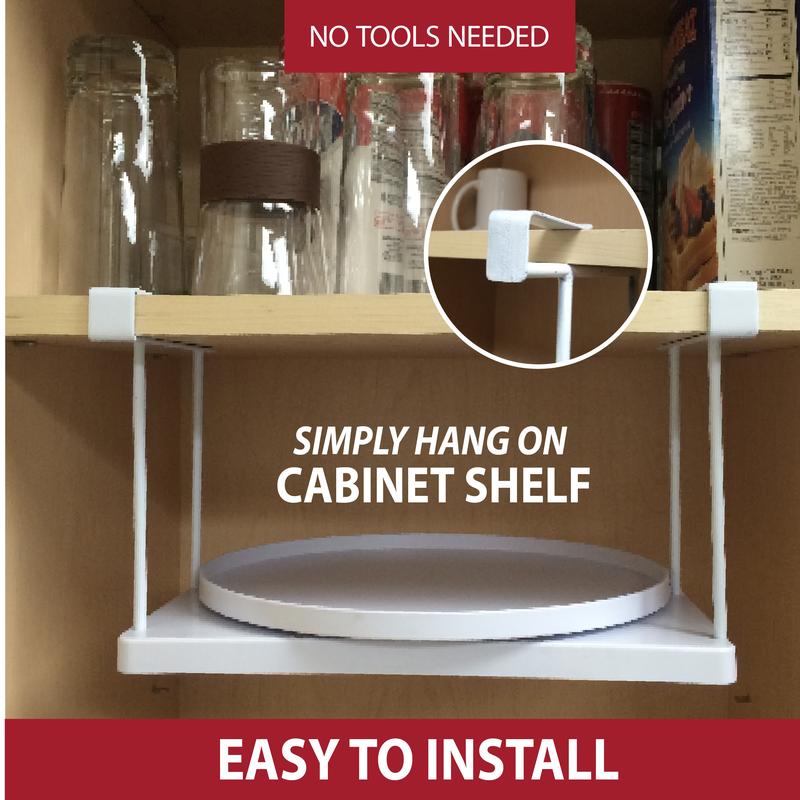 Shelf Go Round Rotating Shelf Organizer Maximizes Kitchen Cabinets. Adjustable Plastic Tray Pulls Out for Easy Access. Organize Spices, Plates, & Cups