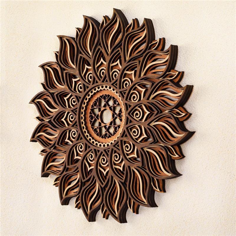 11.8 Inch Sun Wall Decor, Wooden Mandala Wall Art, Hollowed-out Sun Hanging Sign, Multi-layers Lotus Flower Wall Decor, Spiritual Room Decor for Bedroom, Living Room, Farmhouse Decor