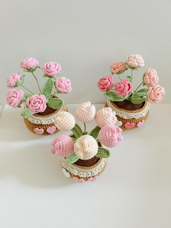 crochet potted plant+potted flowers+potted roses+potted tulips+home decoration+desk decoration+car decoaration+mother's day gift+pink+red+creative gift+unique gift+house warm