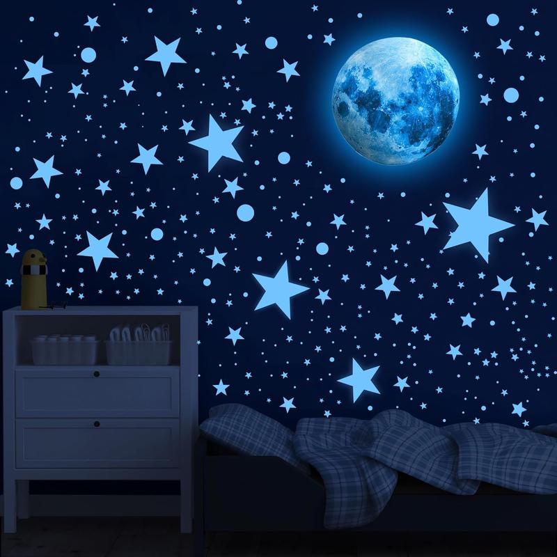 492 Glow in The Dark Stars Ceiling Stars Glow in The Dark Moon and Star Space Galaxy Universe Planet Wall Decals Blue Glowing Stars Stickers for Girls Bedroom Living Room Decor