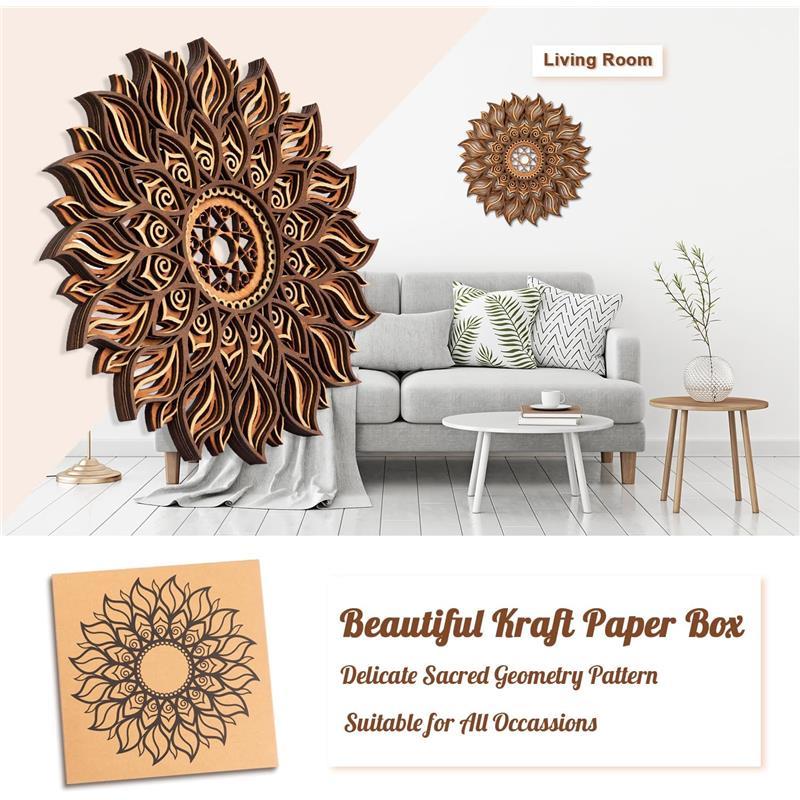 11.8 Inch Sun Wall Decor, Wooden Mandala Wall Art, Hollowed-out Sun Hanging Sign, Multi-layers Lotus Flower Wall Decor, Spiritual Room Decor for Bedroom, Living Room, Farmhouse Decor