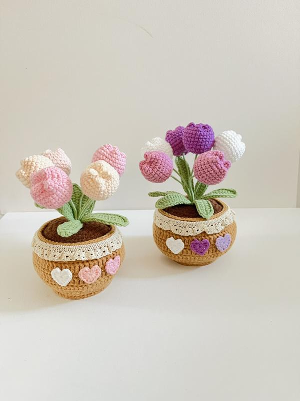 crochet potted plant+potted flowers+potted roses+potted tulips+home decoration+desk decoration+car decoaration+mother's day gift+pink+red+creative gift+unique gift+house warm