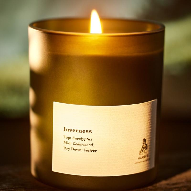 Harry's by Matt McCormick Inverness Candle | Limited Edition Woody and Smokey Scent in Frosted Glass Vessel with Custom Artwork- Sage, Eucalyptus