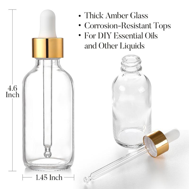 A set of 4, 2-ounce gold cap transparent drip bottles (60ml) with 1 funnel and 4 labels - essential oil glass stained bottles with eye drops - liquid leak proof travel bottles