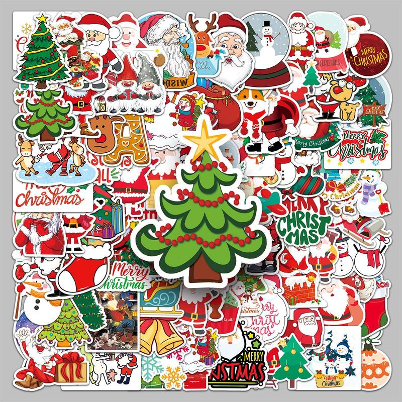 Cartoon Christmas stickers, 100pcs set Waterproof Self Adhesive DIY Decals, Decorative Sticker for Gift Greeting Card Water Bottle Laptop Phone