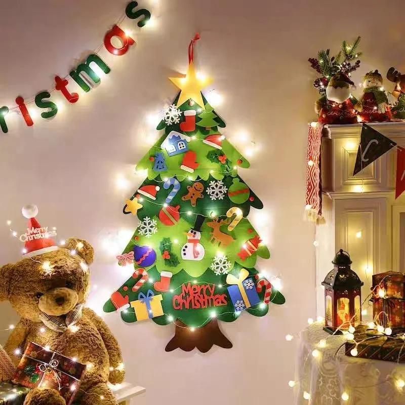 DIY Lighted Felt Christmas Tree Set Plus Snowman Advent Calendar - Xmas Decorations Wall Hanging Ornaments Kids Gift with String Light