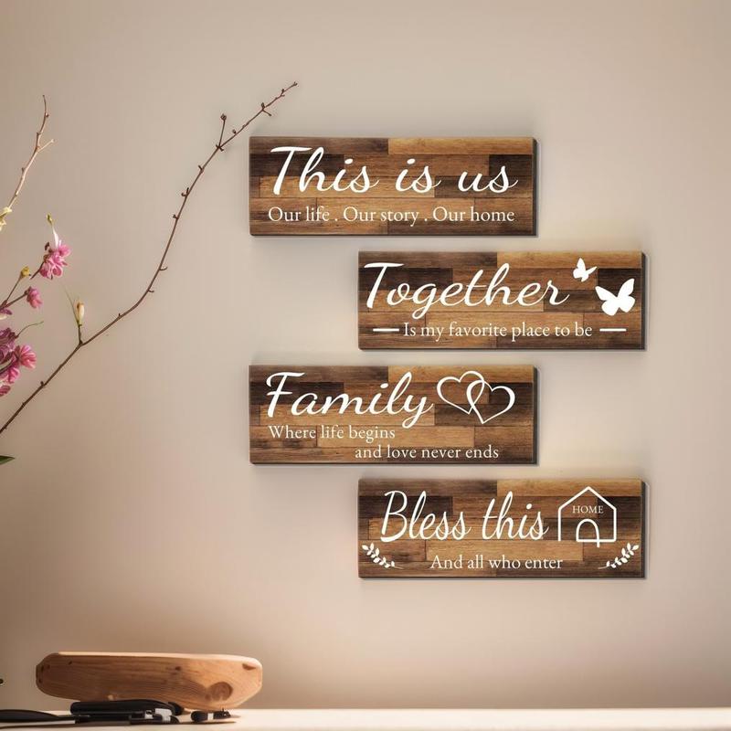 Wooden Letter Pattern Wall Art, 4 Counts Family Slogan Love Meaningful Wall Decor, Wall Hanging Decor for Home Living Room Bedroom Kitchen Office Dormitory