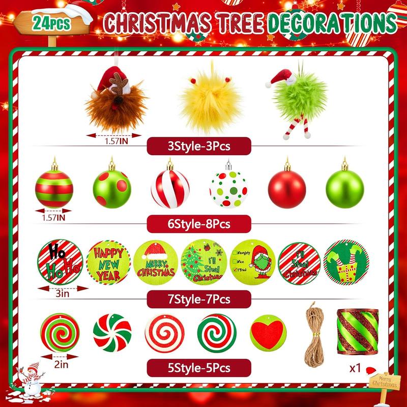 Syhood 24 Pcs 1.57 Inch Grinchhmas Balls Bendable Christmas Tree Decorations Lime Green Ornaments Whimsical Christmas Tree Ornaments