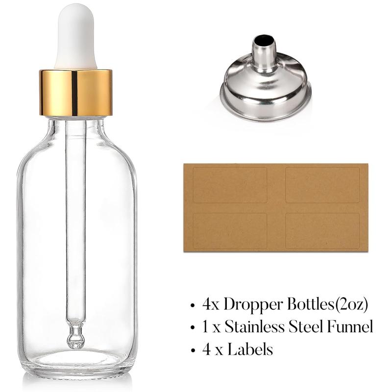 A set of 4, 2-ounce gold cap transparent drip bottles (60ml) with 1 funnel and 4 labels - essential oil glass stained bottles with eye drops - liquid leak proof travel bottles