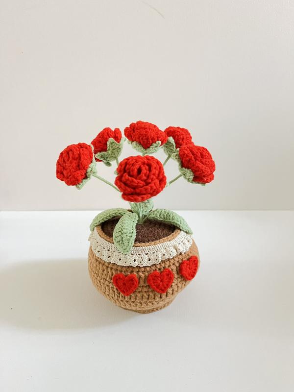 crochet potted plant+potted flowers+potted roses+potted tulips+home decoration+desk decoration+car decoaration+mother's day gift+pink+red+creative gift+unique gift+house warm