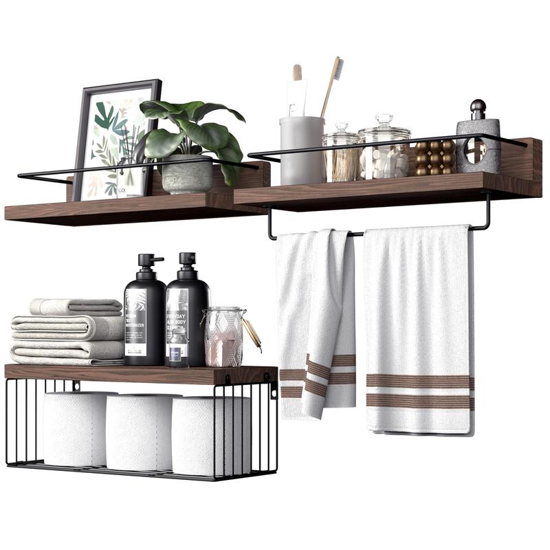 Bathroom Shelves Over Toilet for Wall, Floating Shelves with Storage Basket Paper Holer for Kitchen Living Room, Bedroom & Classroom, Set of 3 Organiser Racks