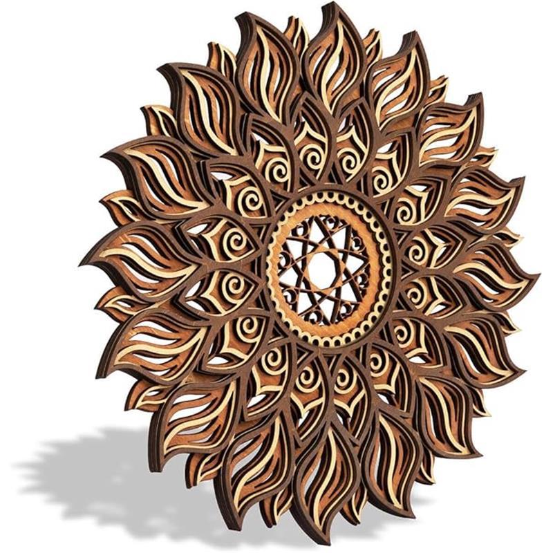 11.8 Inch Sun Wall Decor, Wooden Mandala Wall Art, Hollowed-out Sun Hanging Sign, Multi-layers Lotus Flower Wall Decor, Spiritual Room Decor for Bedroom, Living Room, Farmhouse Decor