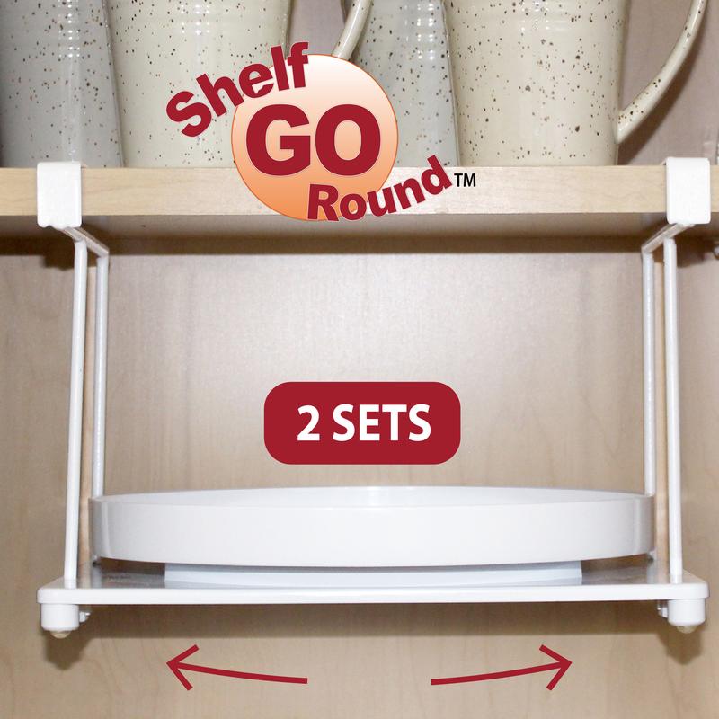 Shelf Go Round Rotating Shelf Organizer Maximizes Kitchen Cabinets. Adjustable Plastic Tray Pulls Out for Easy Access. Organize Spices, Plates, & Cups