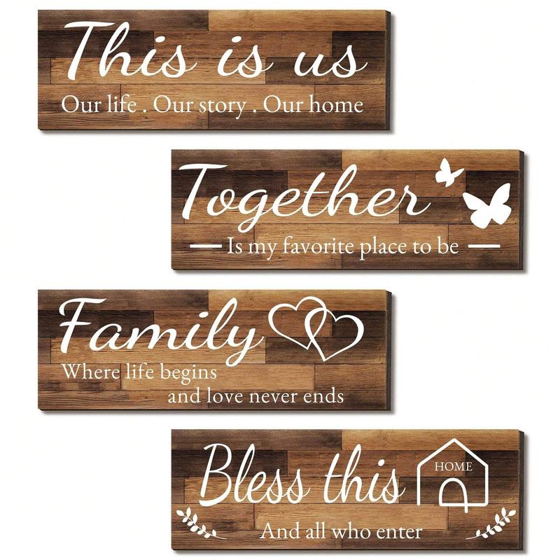 Wooden Letter Pattern Wall Art, 4 Counts Family Slogan Love Meaningful Wall Decor, Wall Hanging Decor for Home Living Room Bedroom Kitchen Office Dormitory