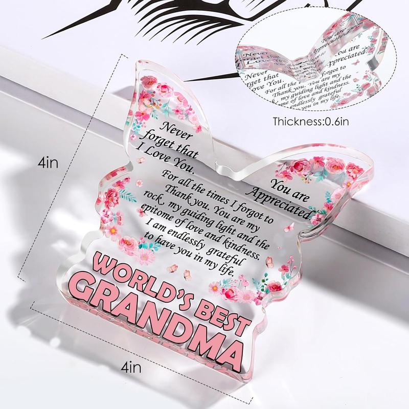 Grandma Gifts from Granddaughter, Christmas Gifts for Grandma, Grandmother Birthday Ideas Gift from Grandson Unique Mother's Day Gifts World's Best Grandma Ever Gifts Butterfly Shaped Acrylic Plaque