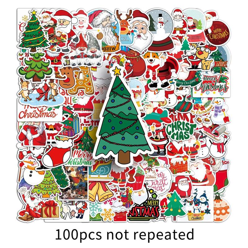 Cartoon Christmas stickers, 100pcs set Waterproof Self Adhesive DIY Decals, Decorative Sticker for Gift Greeting Card Water Bottle Laptop Phone