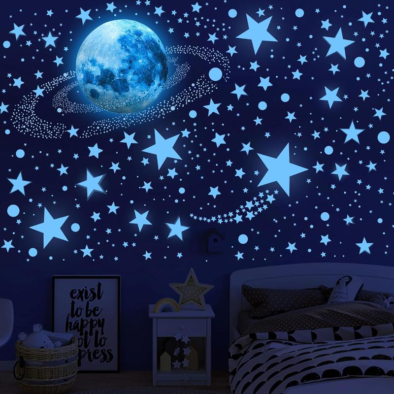 492 Glow in The Dark Stars Ceiling Stars Glow in The Dark Moon and Star Space Galaxy Universe Planet Wall Decals Blue Glowing Stars Stickers for Girls Bedroom Living Room Decor