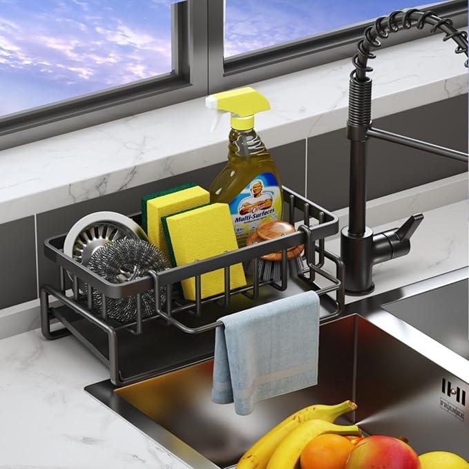 Stainless Steel Kitchen Sink Storage Rack, 1 Count Multifunctional Kitchen Countertop Storage Rack with Towel Holder, Kitchen Accessories