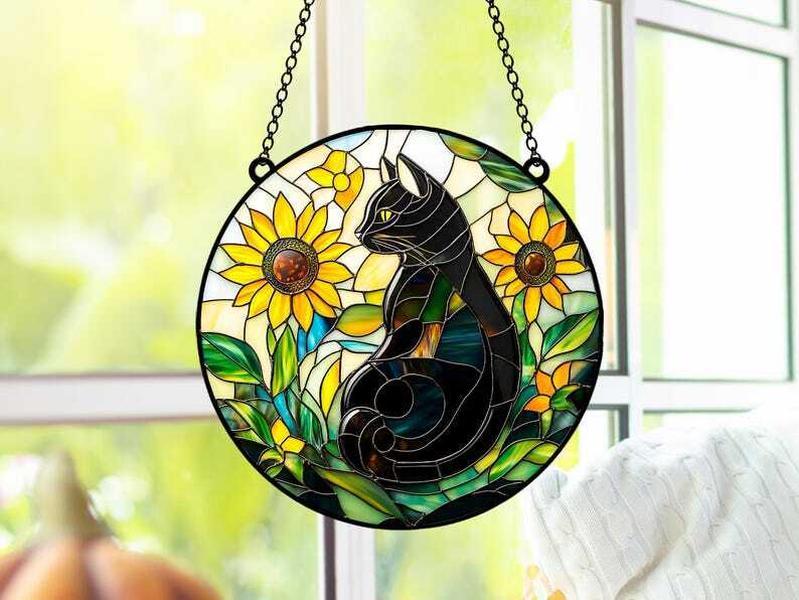 Faux ACRYLIC Sunflower Black Cat Suncatcher, Cat Window Hanging Cat Lover Gift Bestfriend Gift Home Decor Wall Art Decoration