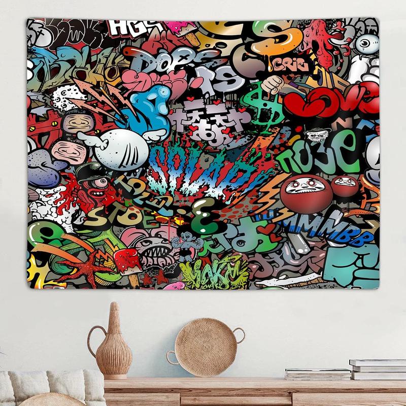 Hippie Graffiti Tapestry for Bedroom, Hip Hop Music Rap Art Colorful Small Tapestries Wall Hanging College Dorm Living Room Office Cool Trippy 80s 90s Mens Guys Teen Boys Decor