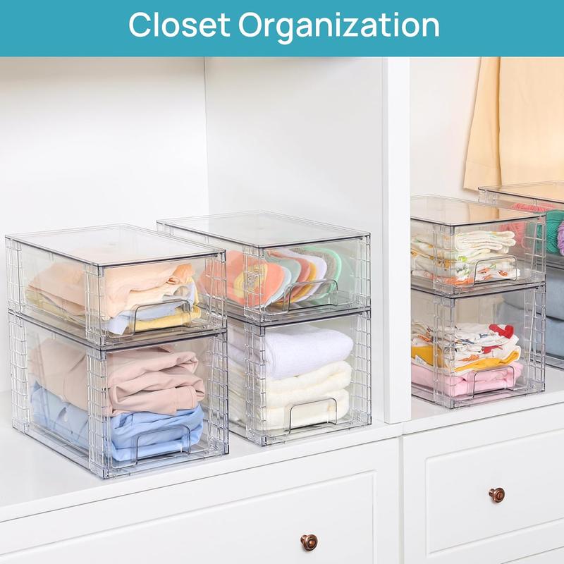 4 Pack Large Stackable Storage Drawers,Easily Assemble Acrylic Bathroom Closet Undersink Organizers and Storage,Plastic Storage Bins for Kitchen Cabinets,Pantry,Makeup,Medicine Organization