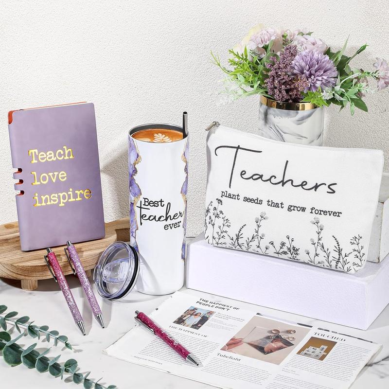 6 count Christmas Teacher Appreciation Gift Set for Women 20 oz Marble Sign Tumbler Inspirational Ballpoint Pen Notebooks with Makeup Bag Christmas Teacher Thank You Gifts(Purple,Teacher)