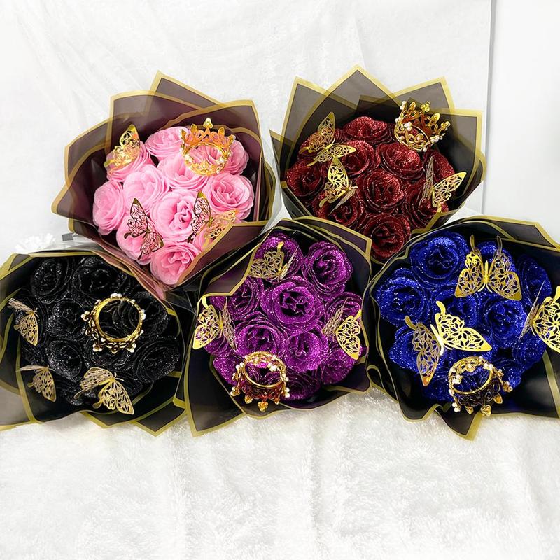 Artificial Rose Bouquet, 1 Count Glitter Rose Bouquet, Fake Flower Bouquet, Decorative Flowers for Home Party Wedding Anniversary