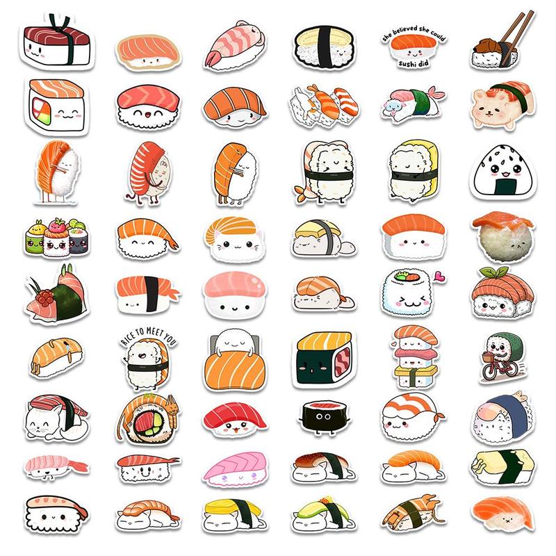 Cute Sushi Pattern Sticker, 54pcs set Graffiti Decorative Sticker, Decor Decal for Water Bottle, Laptop, Phone Case, Scrapbook, Journal Making