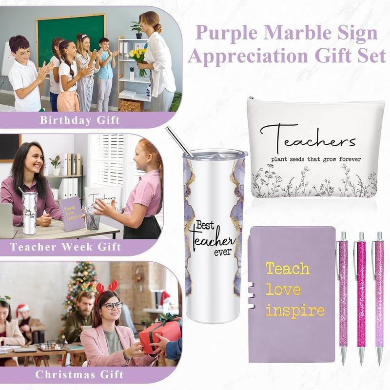 6 count Christmas Teacher Appreciation Gift Set for Women 20 oz Marble Sign Tumbler Inspirational Ballpoint Pen Notebooks with Makeup Bag Christmas Teacher Thank You Gifts(Purple,Teacher)