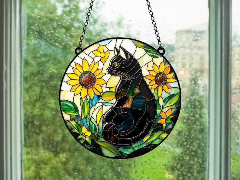 Faux ACRYLIC Sunflower Black Cat Suncatcher, Cat Window Hanging Cat Lover Gift Bestfriend Gift Home Decor Wall Art Decoration